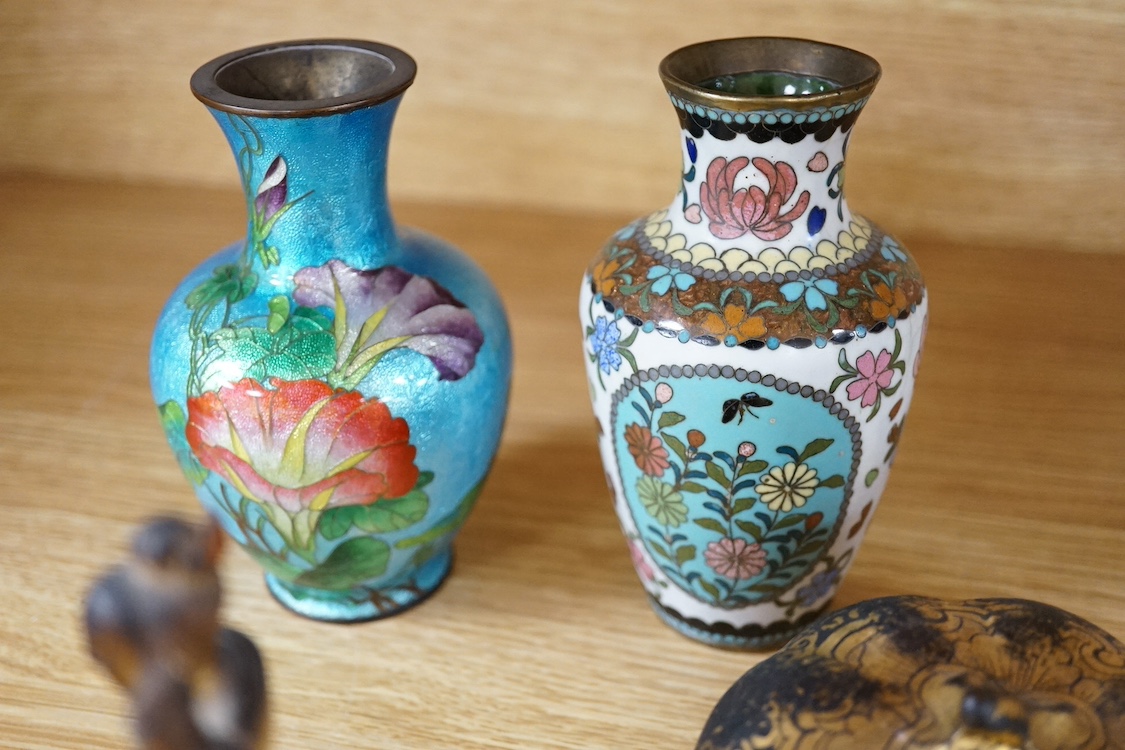 A collection of Japanese cloisonne vases to include a small ‘crane’ dish, together with a lacquered box, largest 12.5cm high. Condition - mostly fair/good